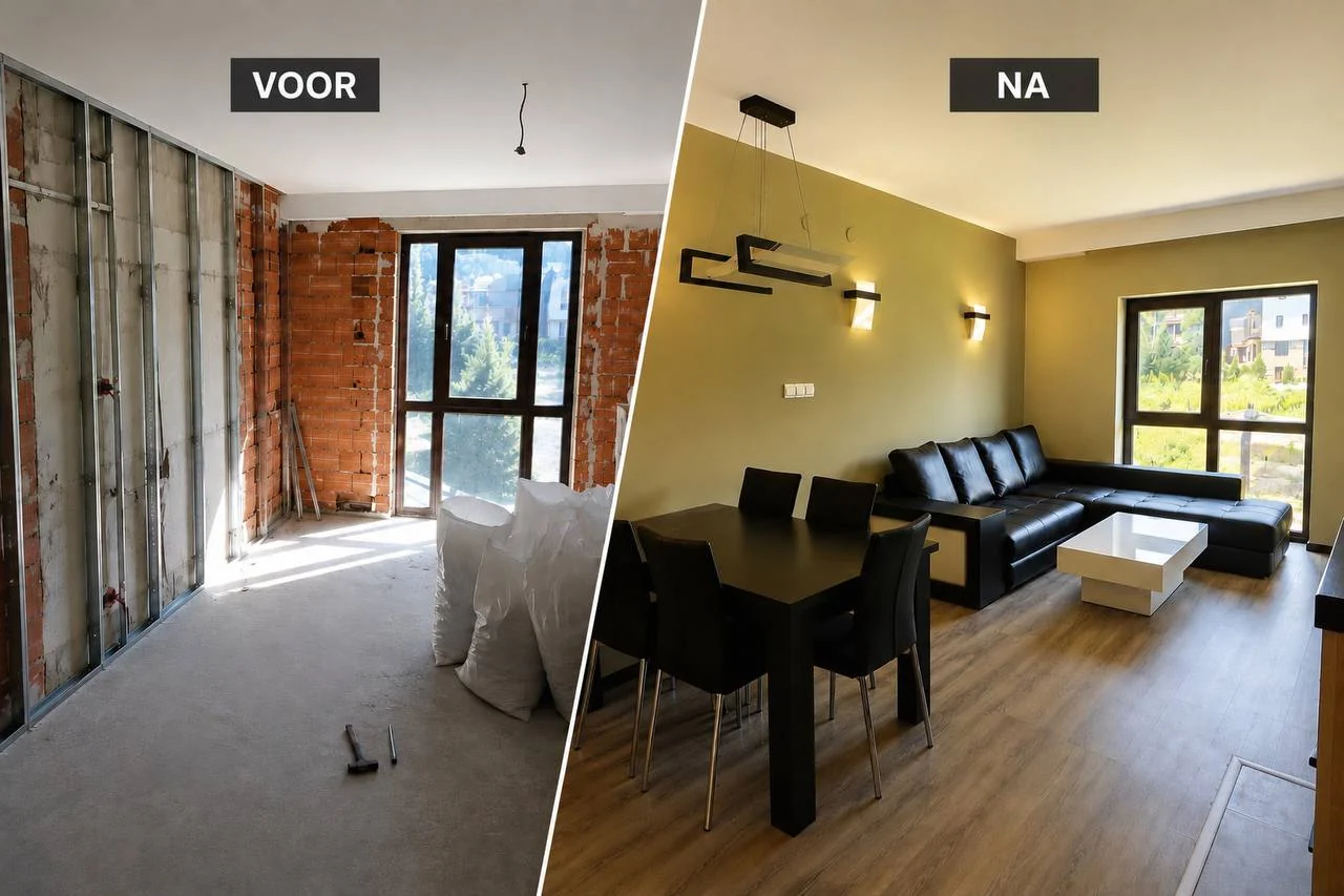 Voor-en-na resultaat van gipswanden en plafond in een woonkamer